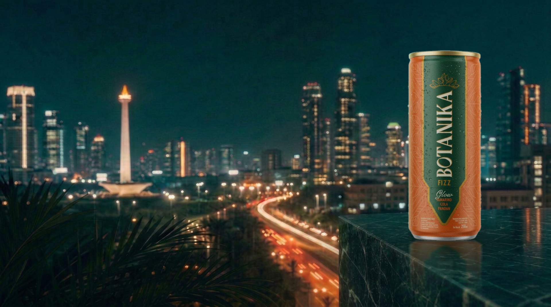 BOTANIKA Glow can held on a dark ledge against Jakarta city lights and moving traffic