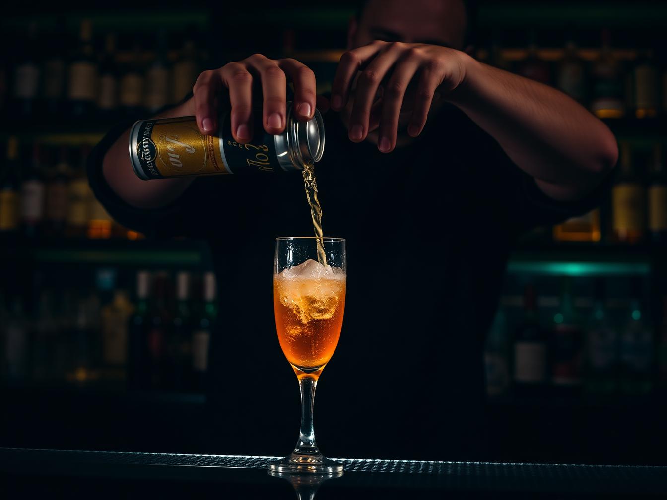 Bartender pouring a sparkling serve from a BOTANIKA can into a stemmed glass