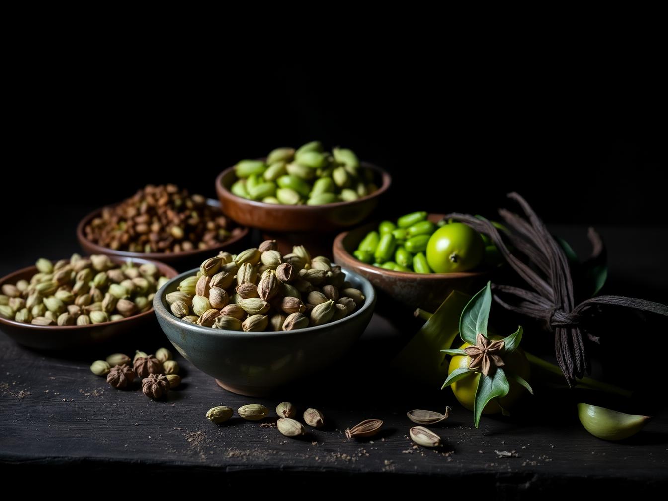 Indonesian botanicals — cardamom, tamarind, pandan and vanilla — on dark wood