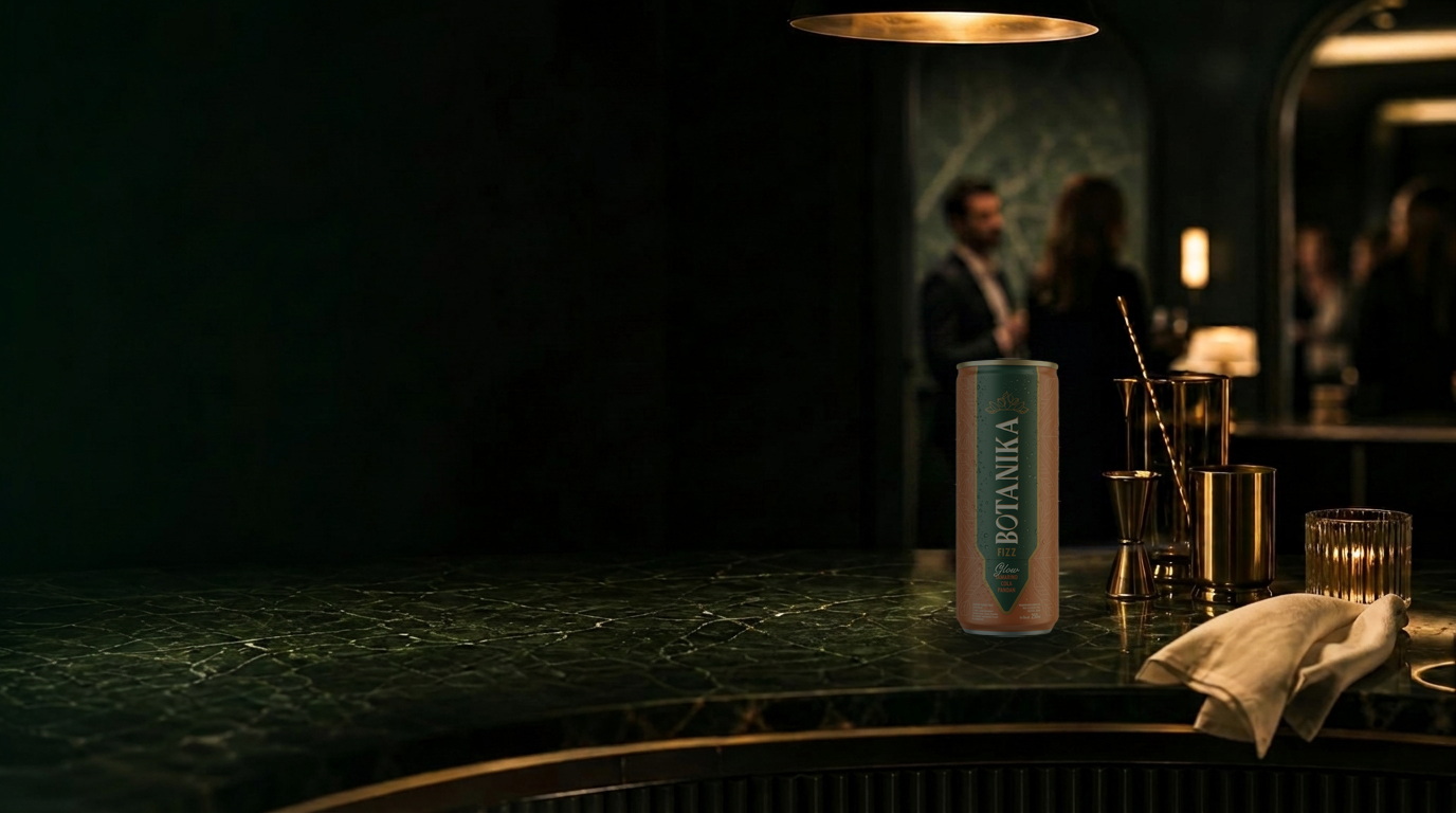 BOTANIKA Glow can on a dark marble hotel bar, backlit bottles behind